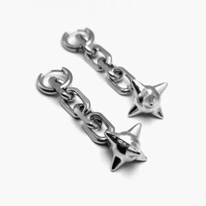 925 Sterling Silver Punk Morning Star Spiked Ball On Chunky Chain Earrings